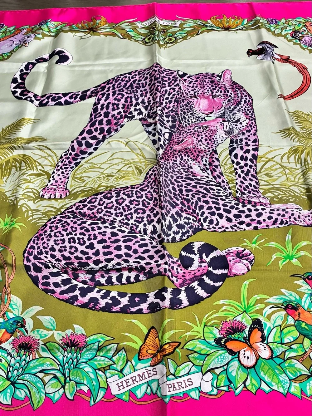 Hermes Pink & Green Leopard Silk Scarf
